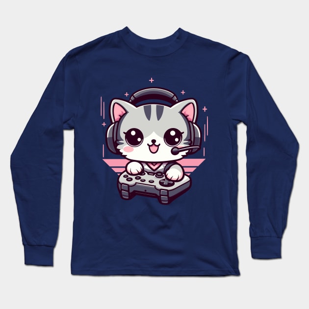 Gamer Kitty Kawaii Cat Playing Video Games Long Sleeve T-Shirt by Cuteness Klub